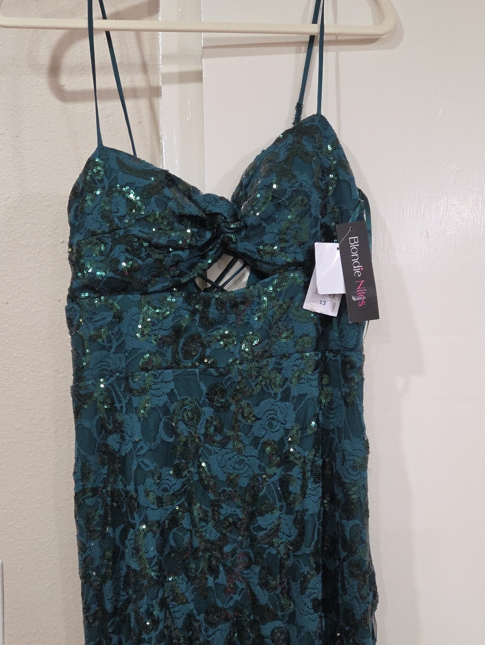 Blondie Nites Teal Lace Sequin Spaghetti Strap Dress